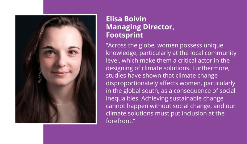 Elisa Boivin, Managing Director, Footprint, portrait on left with a purple block of text describing her impact on climate solutions and gender-related knowledge gaps.
