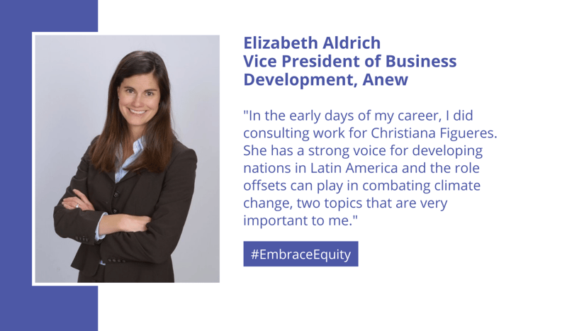 Elizabeth Aldrich, Vice President of Business Development, Anew, poses with arms crossed in a brown blazer; blue blouse and friendly smile, brand colors in background.