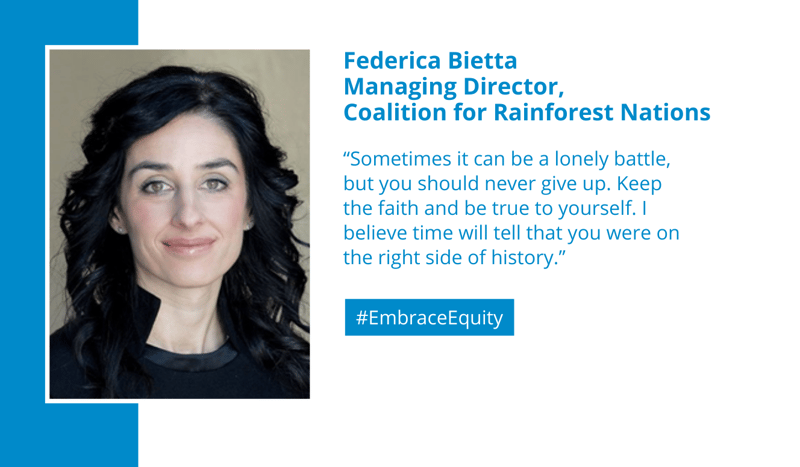 Federica Bietta, Managing Director of the Coalition for Rainforest Nations, smiling portrait with blue text quote and #EmbraceEquity on a white and blue layout.