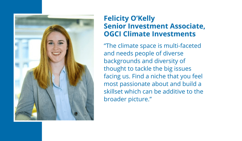 Felicity O’Kelly, Senior Investment Associate at OGCI Climate Investments, smiling in a light blazer, blue shirt, standing in a bright office next to a blue graphic panel.