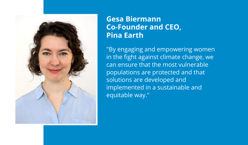 Gesa Biermann portrait on the left with a light blue shirt, against a white background; blue panel with her name and quote on the right.