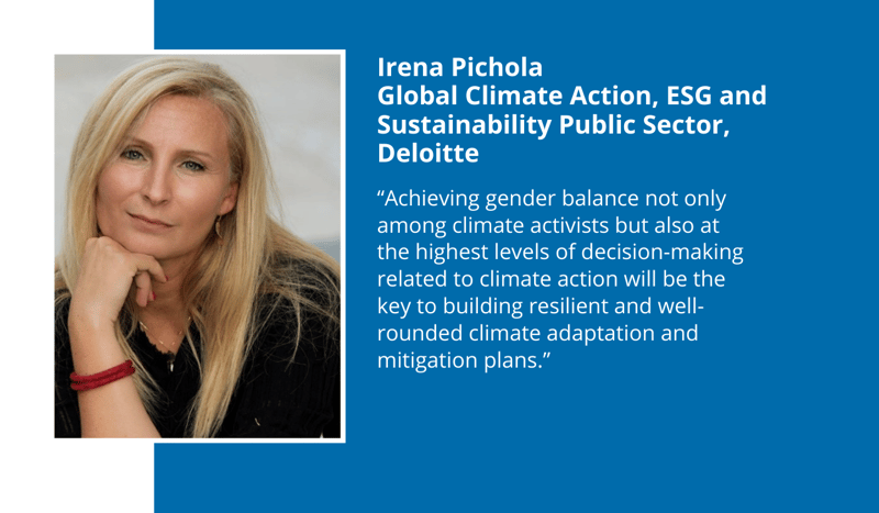 Irena Pichola, portrait photo on left with hand resting on chin; blue background with white text quoting a gender balance climate action message.