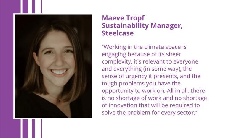 Maeve Tropf, Sustainability Manager at Steelcase, smiling portrait with purple graphic design and a quote about climate space and innovation.