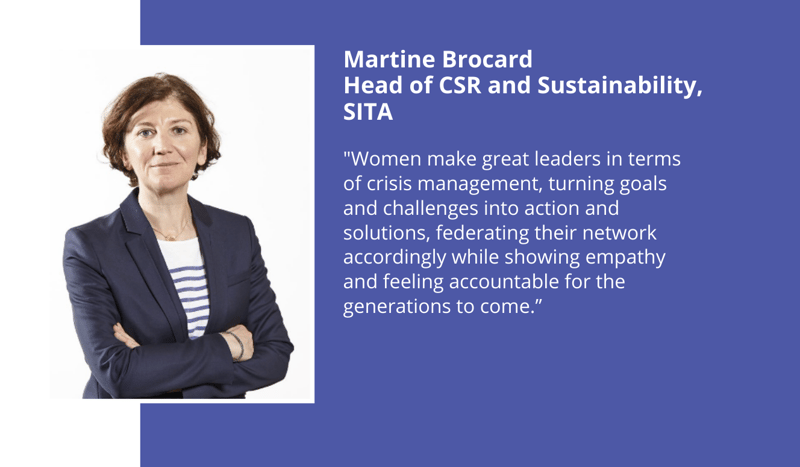 Martine Brocard, head of CSR and Sustainability at SITA, photographed in a navy blazer with folded arms, featured beside a blue panel with her quote.