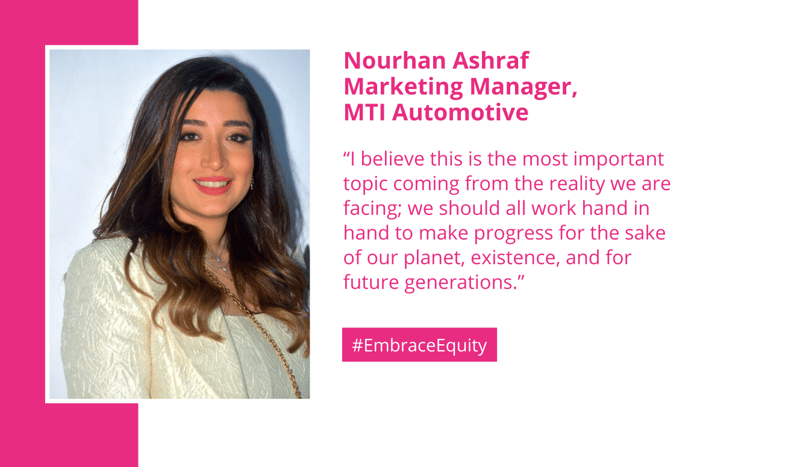 Nourhan Ashraf, Marketing Manager at MTI Automotive, smiling portrait on the left with pink graphic accents and a quote about equity on the right.