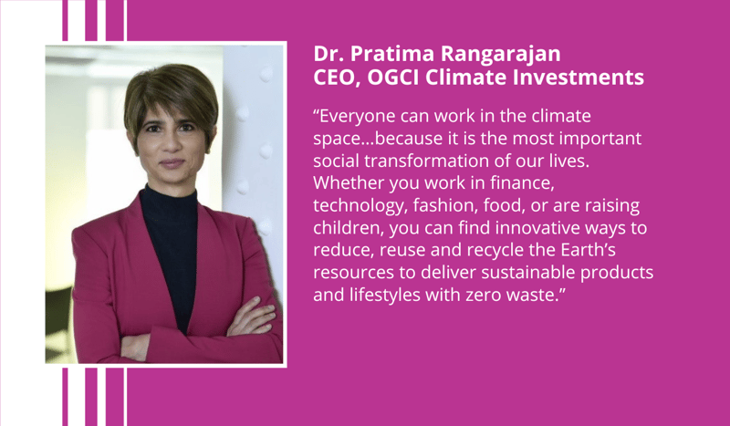 Dr. Pratima Rangarajan, CEO of OGCI Climate Investments, stands with arms crossed in a magenta jacket, against a purple background beside a quotation about sustainable, zero-waste innovation.
