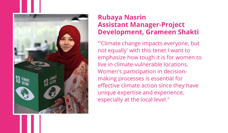 Rubaya Nasrin wearing a red hijab holds a green box marked “Climate Action” in a bright, modern office setting with pink graphic accents on the left and text on the right.