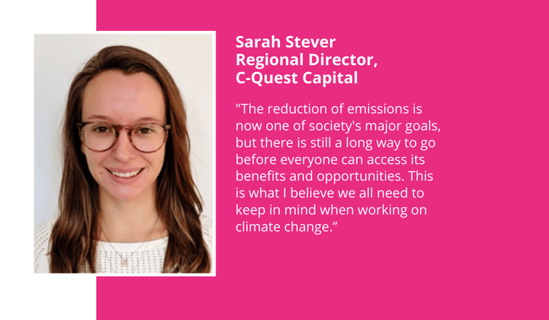 Sarah Stever, Regional Director, C-Quest Capital, with a warm smile wearing glasses, posed against a light background next to a pink panel with quotation text.