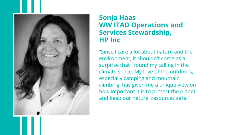 Sonja Haas portrait on left with teal decorative bars; right side features her name and corporate title, followed by a teal quote about nature and protecting the planet.