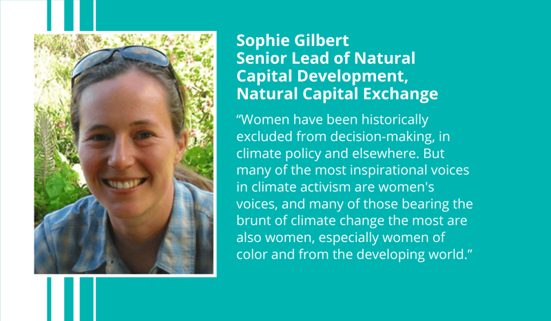 Sophie Gilbert, smiling woman with sunglasses on her head, outdoors in a garden; teal right-side panel with white typographic quote about women in climate policy.