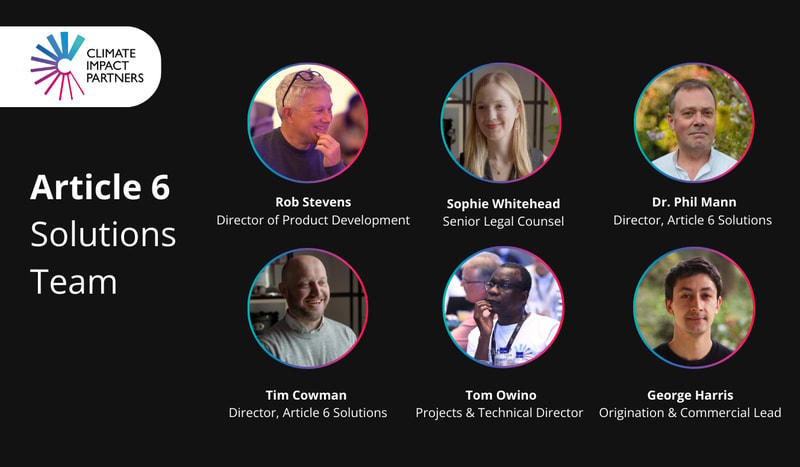 Team page for Article 6 with nine circular profile photos and titles: Rob Stevens, Sophie Whitehead, Dr. Phil Mann, Tim Cowman, Tom Owino, George Harris, plus left-side "Article 6 Solutions Team" text and Climate Impact Partners logo.