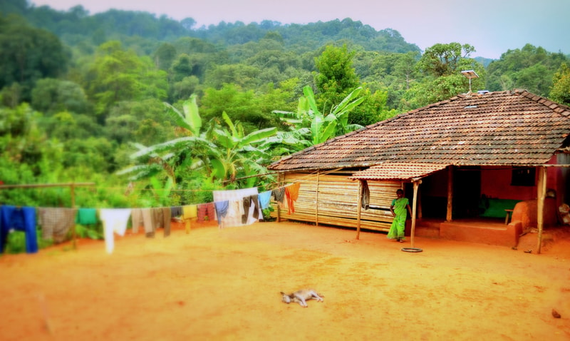 A rural hillside scene with a thatched cottage, a woman in a green sari standing near the porch, colorful clothes hanging on a line, and a dog lying on dusty orange ground.
