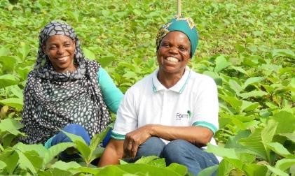 Two smiling people sit among green plants in a field, wearing headscarves and casual clothing, enjoying a sunny day.
