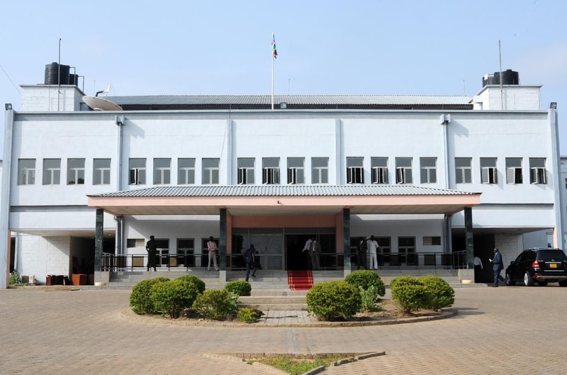 A light blue two-story building with a central entrance, red carpeted steps, a small garden circle, and a few people near the doors; flag atop the roof.