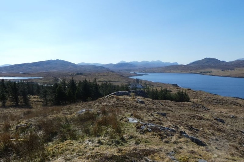 A wide, sunny landscape with a clear blue sky, rolling hills, and a calm lake winding through the valley; foreground contains dry grasses, rocks, and a line of evergreen trees.