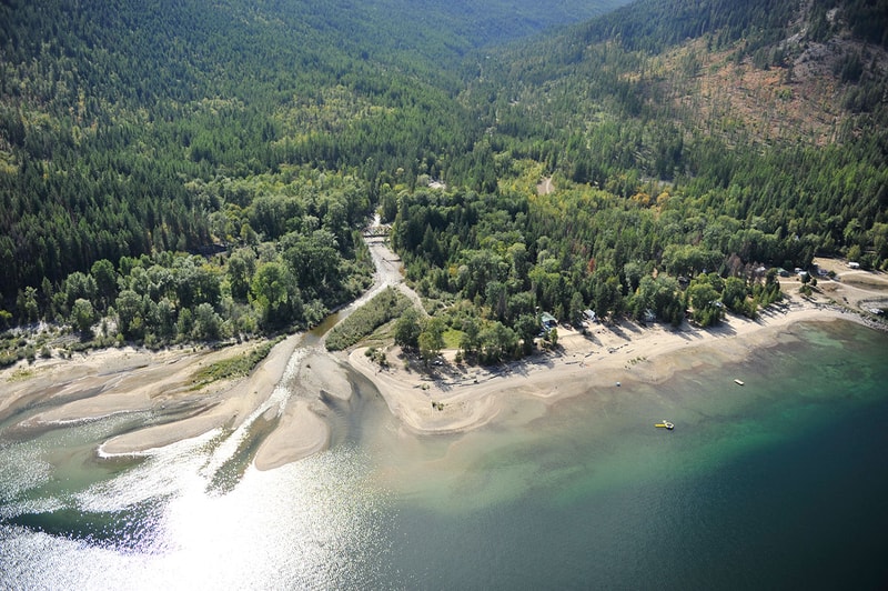 Aerial view of a forested shoreline with a sandy beach, a winding river, and small buildings along the edge, bordered by dense green trees and distant hills.