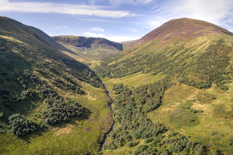 Vast alpine valley with a narrow winding stream running through green meadows and shrub-covered slopes, flanked by rolling hills under a bright blue sky.