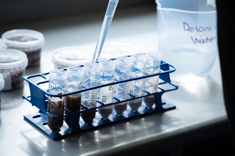 A blue rack of small Falcon tubes in a rack on a lab bench, with a pipette dispensing liquid into one tube; blurred containers and bottle labeled “Deionized Water” in the background.