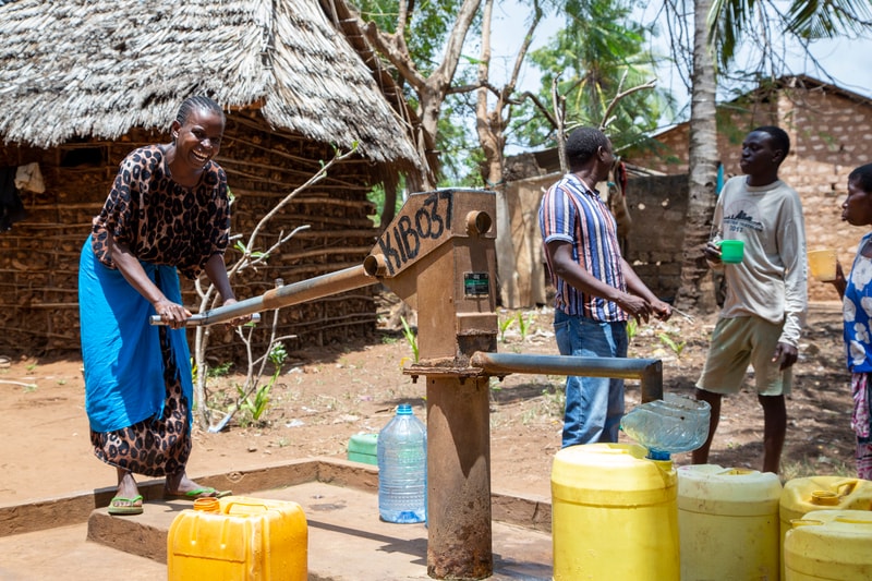 Group of people gather around a manual water pump in a rural setting with thatched huts; a smiling woman operates the lever while others hold containers for water.