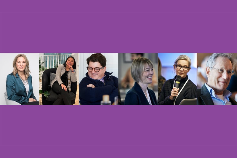 Series of seven diverse professionals in business settings: woman in teal blazer, woman smiling in chair, man with glasses, smiling woman, woman with microphone, man in suit, all against a purple banner background.