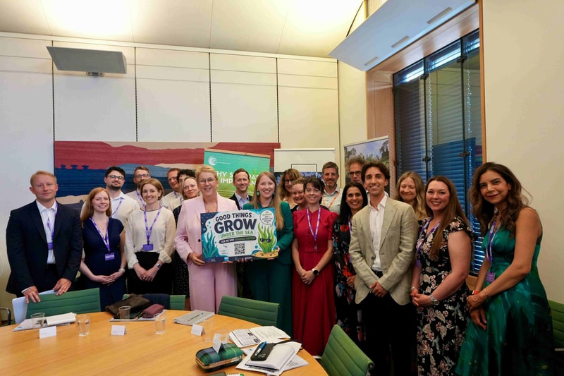 A diverse group of professionals posing in a bright conference room, holding a colorful sign that reads “GOOD THINGS GROW UNDER THE SEA.”