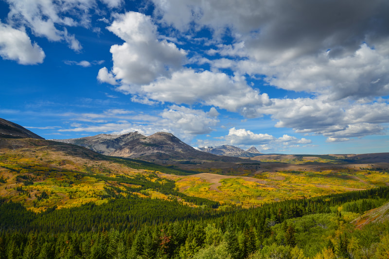 Vast mountain valley under a bright blue sky with fluffy white clouds, snow-dusted peaks in the distance, and a colorful autumn forest spreading across rolling hills.