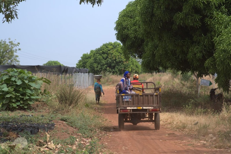 People riding in a small open-back truck along a dusty rural dirt road, with a woman and child seated at the back, and a person balancing a bowl on their head nearby.