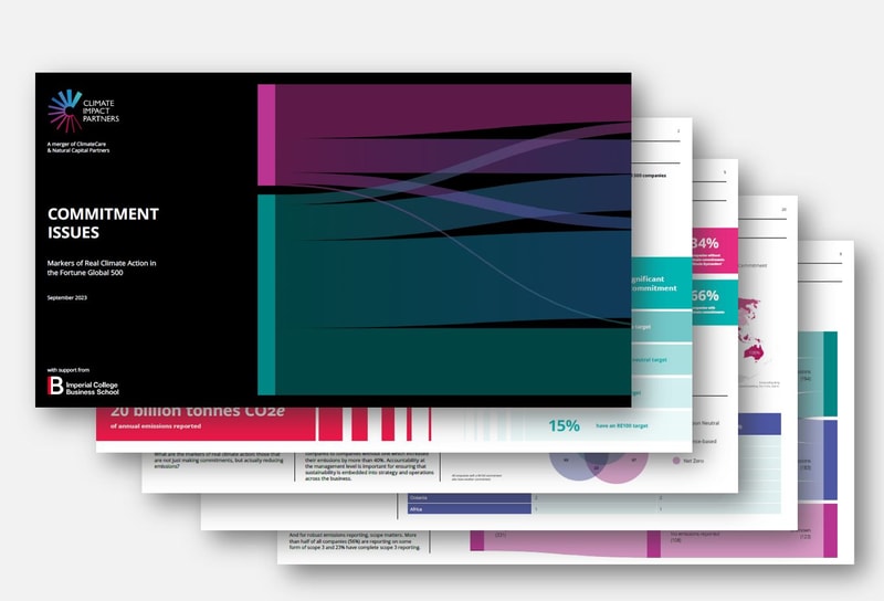 Cover of a report titled Commitment Issues with bold black left panel and vibrant geometric abstract teal, purple, and pink shapes across the top.