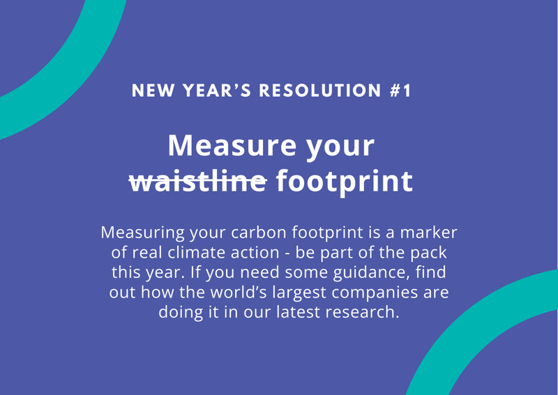 New Year’s Resolution #1: Measure your waistline footprint with bold white text on a blue background and teal curved accents, explaining carbon footprint guidance.