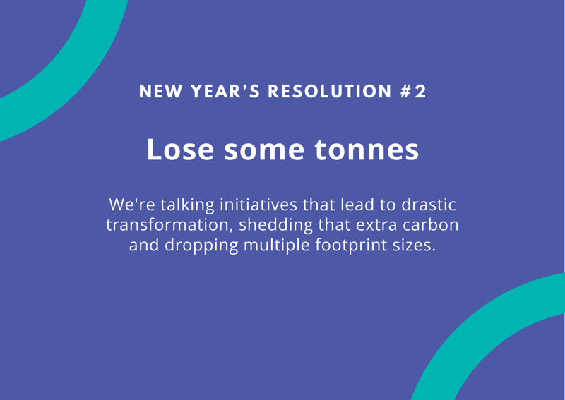 New Year’s Resolution #2: Lose some tonnes. The subtitle text explains initiatives for drastic transformation, shedding extra carbon, and reducing footprint sizes on a blue background with teal curved accents.