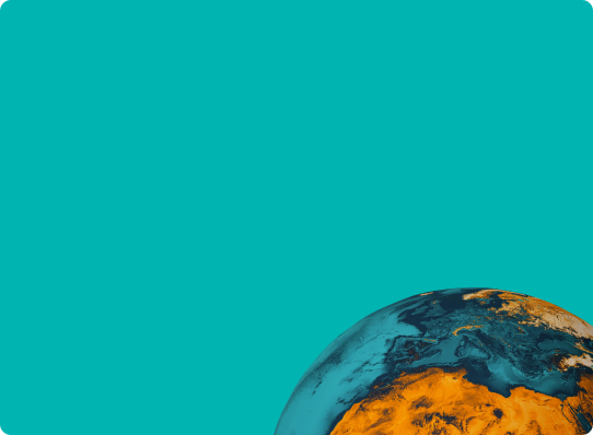 A teal background fills the frame with a partial view of the Earth in the bottom right corner showing continents in orange and blue tones.