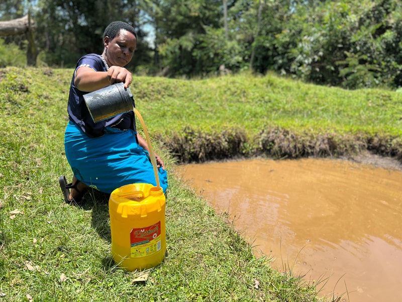 A person kneels on grassy bank by a muddy pond, pouring liquid from a metal pitcher into a yellow plastic container beside them.