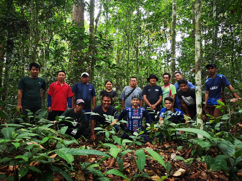 A group of about fifteen people poses for a photo in a dense green forest, standing and kneeling among tall trees and leafy undergrowth.