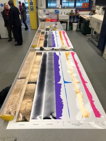 Long laboratory display panels with colorful layered charts and graphs, lab benches, rocks, and people observing in a science classroom or lab.