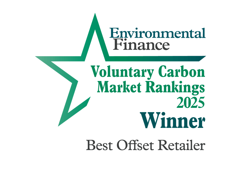 Logo featuring a green outlined star with teal gradient, text “Environmental Finance” top right, “Voluntary Carbon Market Rankings 2025” in green, “Winner” bold teal, and “Best Offset Retailer” subtitle.