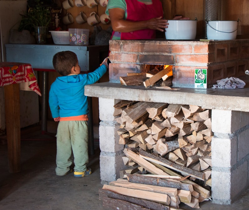 Child in blue hoodie and orange belt stands near a wood-fired brick oven, touching a cooking area; stacked firewood beneath a concrete-and-brick counter, indoors.