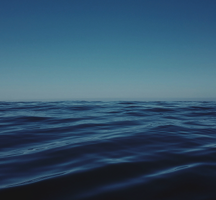 Calm ocean under a clear blue sky, with gentle waves and a distant horizon line.