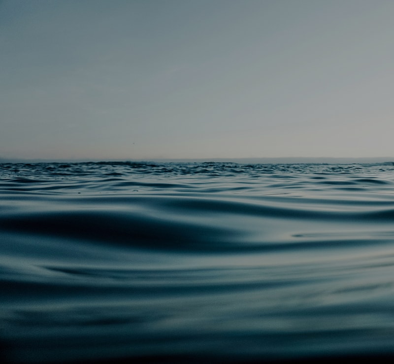 Calm ocean surface with gentle waves under a clear, pale sky, horizon faint in distance.