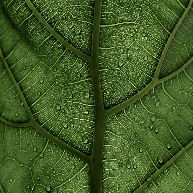 Close-up view of a green leaf showing intricate venation and numerous tiny water droplets, highlighting the leaf’s network of veins and textured surface.