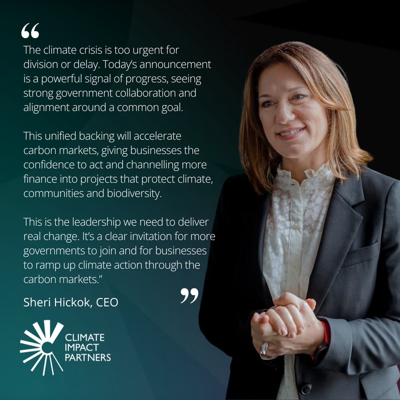 Quote on climate action text overlayed on a teal gradient background, with a smiling woman in a blazer on the right; Climate Impact Partners logo bottom left.
