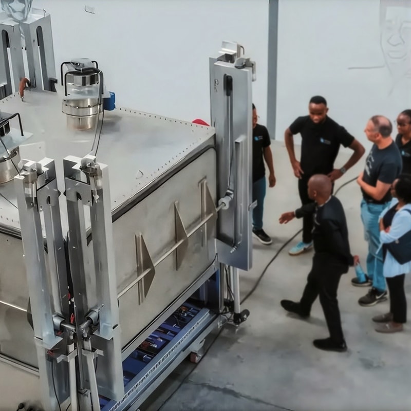 Large industrial stainless steel machine with multiple panels and latches, group of people observing from right, some wearing black shirts, in a clean lab or workshop.