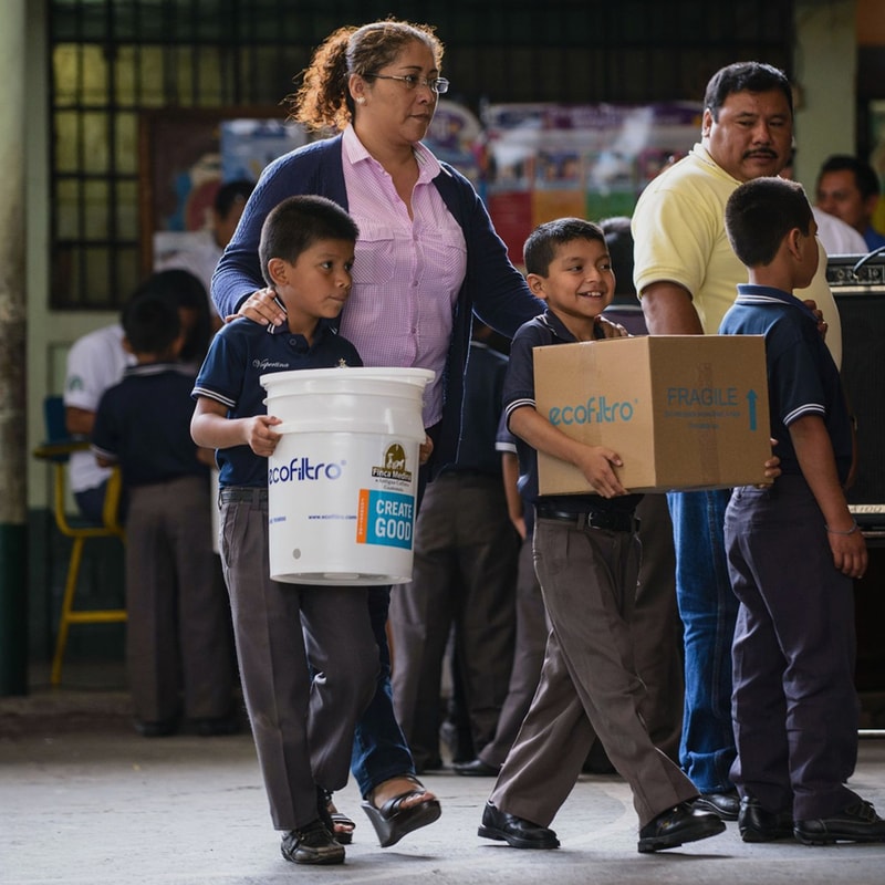 Three schoolchildren and a woman walk together; the child on the left carries a white bucket, the middle child holds a cardboard box labeled ecoFiltro, as others follow in a school setting.