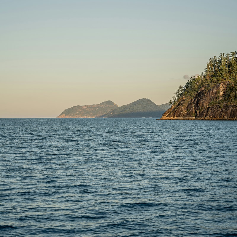 Calm ocean with gentle waves extends to a distant coastline of rocky hills; a forested cliff juts from the right, bathed in soft sunset light.