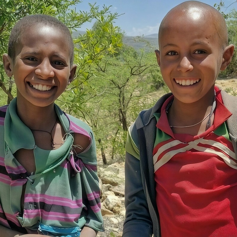 Two smiling kids stand side by side outdoors, wearing colorful shirts, with a sunny rural landscape of trees and hills in the background.
