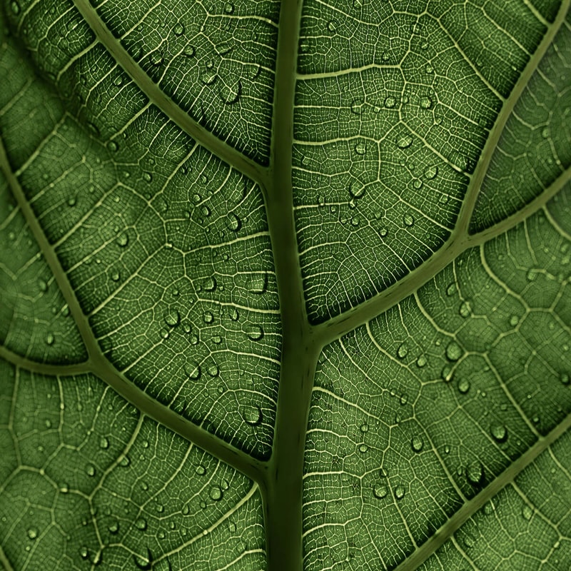 Close-up of a green leaf showing a detailed network of veins and tiny water droplets clinging to the surface, revealing intricate texture and patterns