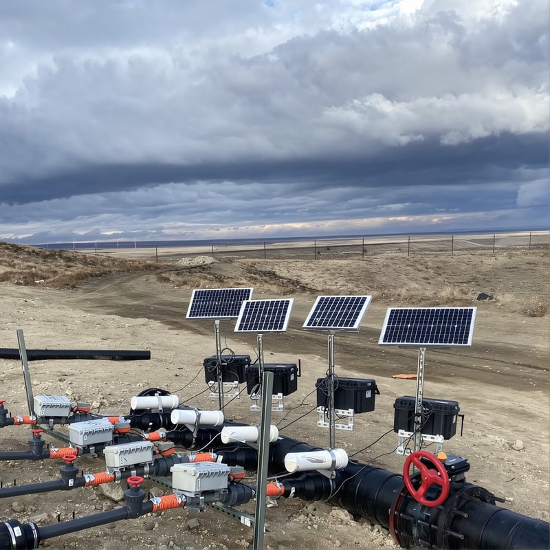 Solar panel array with monitoring units mounted on pipes in a barren, desert-like landscape under a cloudy sky near a distant fence line.