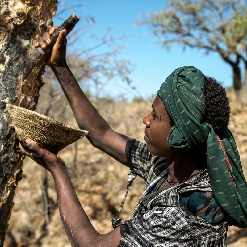 Person outdoors, wearing a green headscarf and plaid shirt, reaches to buff or harvest honeycomb from a tree trunk using a woven cone-shaped container.