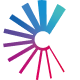 Abstract radial burst of multicolored rays emanating from a central dark dot, with a gradient spectrum from blue to magenta on a white background