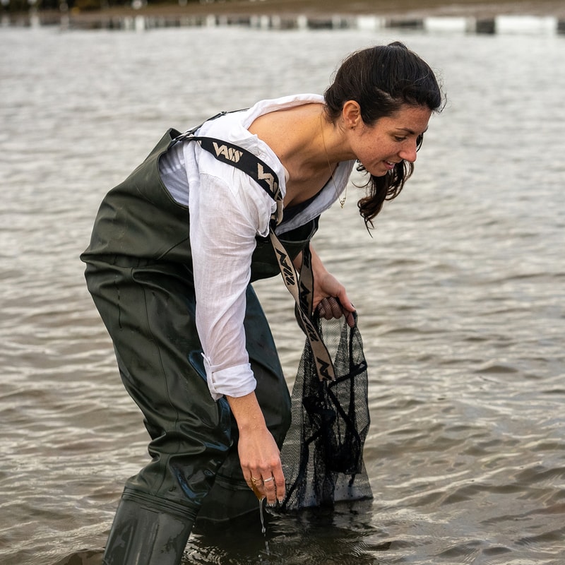 A woman bending at the shore wearing dark green waders over a white long-sleeve shirt, holding a black mesh fish net near shallow water.
