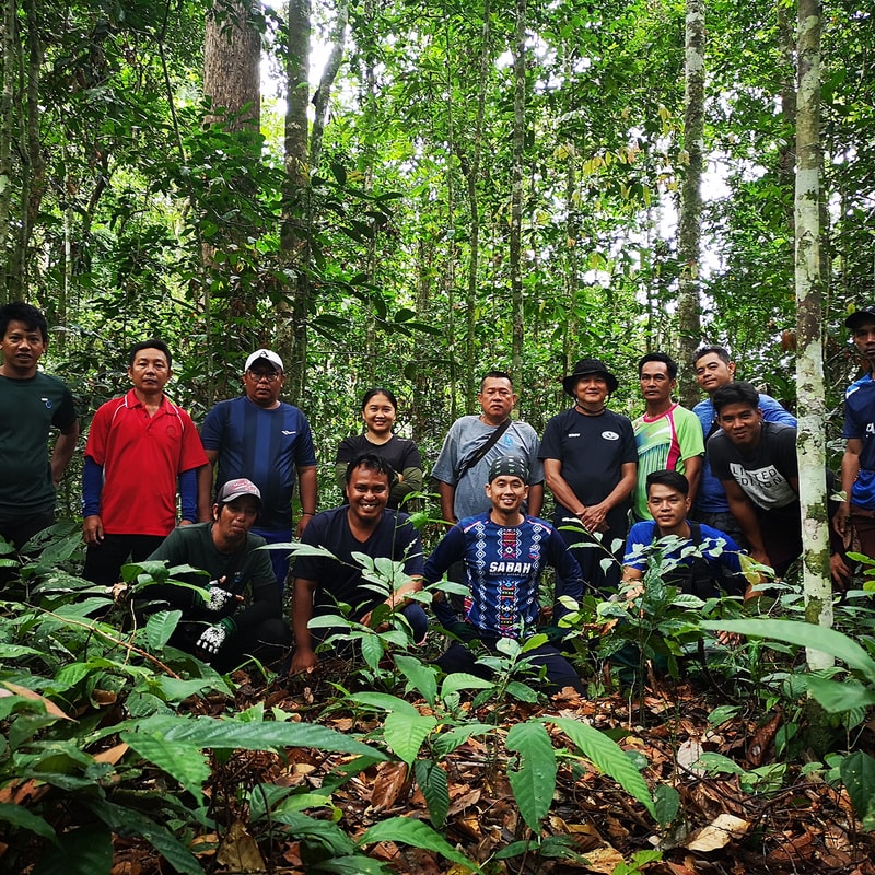 Group of people standing and kneeling in a dense tropical forest, surrounded by tall trees, green foliage, and leafy undergrowth.